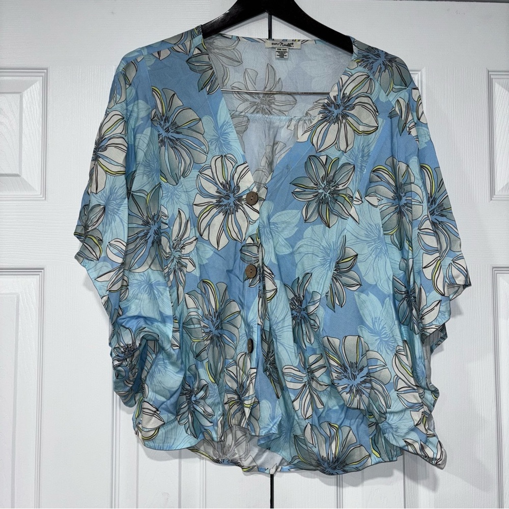 Simply Noelle Floral Blue Tropical Women's Top One Size Button Up Large Sleeves